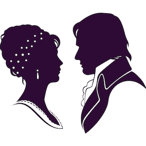 Puede incluir: Silueta de una pareja, una mujer con una diadema de perlas y un hombre con un cuello alto, mirándose.