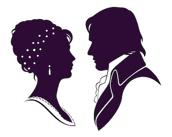 Pride and Prejudice - Elizabeth and Darcy silhouettes with ornate frames - SVG