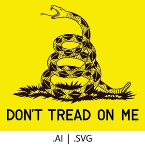 May include: A yellow background with a black and white image of a coiled rattlesnake with the words "DON'T TREAD ON ME" below it.