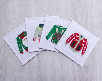 Elf Ugly Christmas Sweater Embroidered Cloth Drink Coasters - Cloth Coasters - Fabric Coaster Set