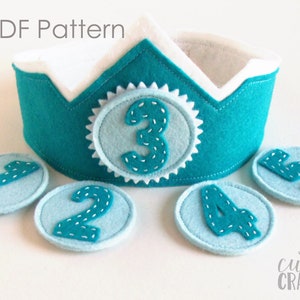 Felt Birthday Crown with Interchangeable Numbers PDF PATTERN Blue Teal Boy's Adjustable Wool image 1