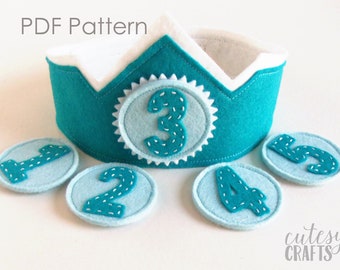 Felt Birthday Crown with Interchangeable Numbers PDF PATTERN - Blue Teal Boy's Adjustable Wool