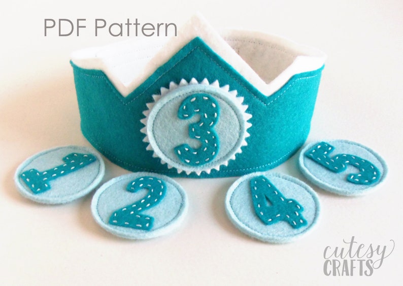 Felt Birthday Crown with Interchangeable Numbers PDF PATTERN Blue Teal Boy's Adjustable Wool image 1