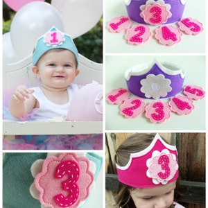 Felt Birthday Crown with Interchangeable Numbers PDF PATTERN Purple Pink Turquoise Flower Girl's Adjustable Wool image 5