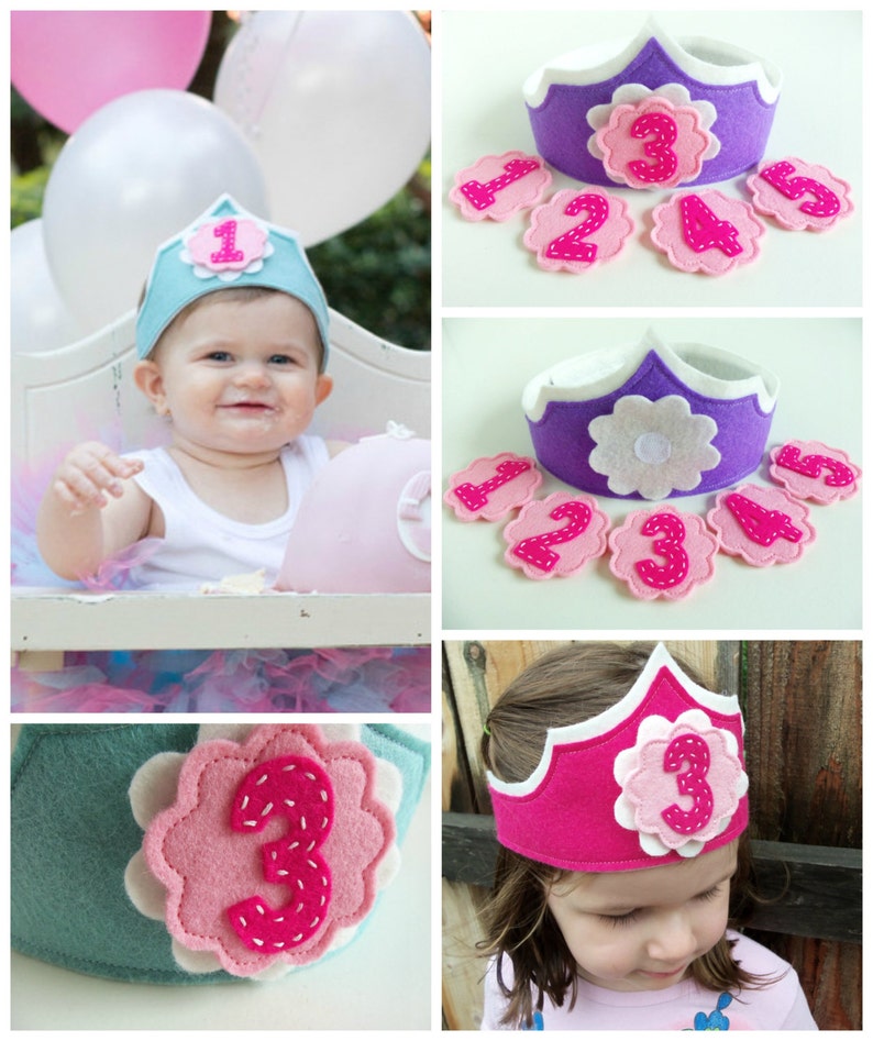 Felt Birthday Crown with Interchangeable Numbers PDF PATTERN Purple Pink Turquoise Flower Girl's Adjustable Wool image 5