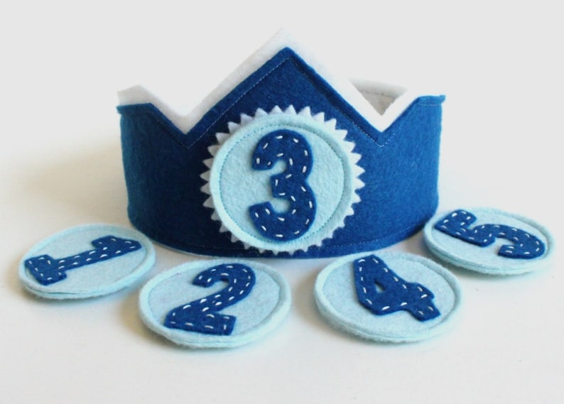 Felt Birthday Crown with Interchangeable Numbers PDF PATTERN Blue Teal Boy's Adjustable Wool image 2