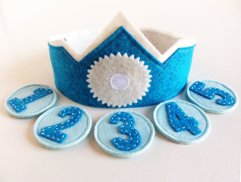 Felt Birthday Crown with Interchangeable Numbers PDF PATTERN Blue Teal Boy's Adjustable Wool image 3