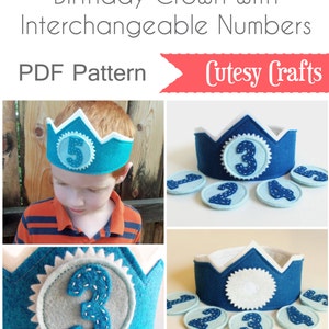 Felt Birthday Crown with Interchangeable Numbers PDF PATTERN Blue Teal Boy's Adjustable Wool image 5