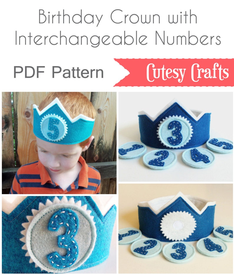 Felt Birthday Crown with Interchangeable Numbers PDF PATTERN Blue Teal Boy's Adjustable Wool image 5