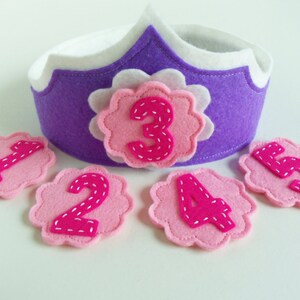 Felt Birthday Crown with Interchangeable Numbers PDF PATTERN Purple Pink Turquoise Flower Girl's Adjustable Wool image 2