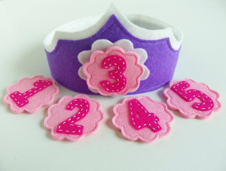 Felt Birthday Crown with Interchangeable Numbers PDF PATTERN Purple Pink Turquoise Flower Girl's Adjustable Wool image 2