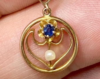 Deco 10k Gold Lavaliere Pendant, with Sapphire, Fine Jewelry