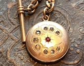 Antique Crescent Moon and Star locket fob with pocket watch chain. 13 gold link. Diamond and ruby glass paste. Groom Accessory