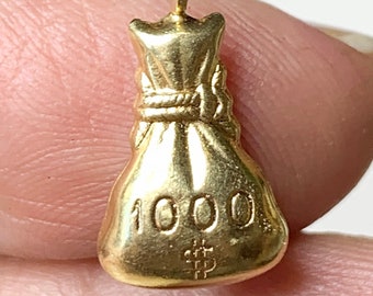 Vintage 14k Gold Money Bag Charm, 1000 Dollar Pendant, Fine Jewelry