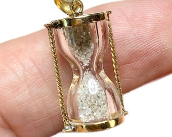 10k Gold Hourglass Pendant, with Diamond Dust, “Time is Running Out”, Fine Jewelry