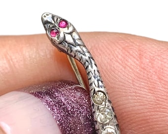 Art Nouveau Snake Brooch, Sterling with Garnet Eyes, Serpent Jewelry, C clasp