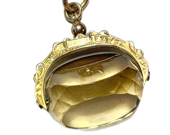 Antique 9k Gold Spinner Fob, Hallmarked, Citrine or Lemon Quartz Pendant