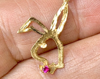 Vintage 14k Gold Playboy Bunny Charm, with Ruby, Playmate Pendant. Fine Jewelry