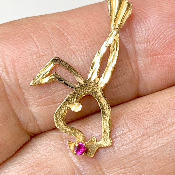 Vintage 14k Gold Playboy Bunny Charm, with Ruby, Playmate Pendant. Fine Jewelry