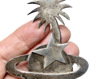 1980s Handmade Sterling Silver Saturn, Palm Tree + Star Brooch, 3”