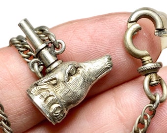 Victorian Sterling Figural Dog Pocket Watch Key, with Uncarved Quartz, Watch Chain