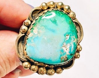 Old Pawn Turquoise Nugget Vermeil Ring, Signed “R”, Stamped Sterling