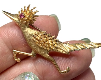 Vintage 14k Gold Roadrunner Brooch, with Ruby Eyes, Hat pin, Lapel Pin