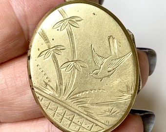 Antique Bird Motif Locket Pendant - Engraved Silver Plate