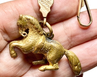 Antique Prancing Horse Pocket Watch Fob, with Gold Fill Watch Chain Parts