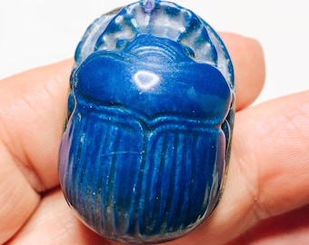 Vintage 1970s Egyptian Revival Scarab, Huge Ceramic + Brass Pendant