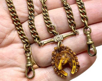 Antique Watch Chain Necklace, with Horse Fob, Double Dog Clips, 19”