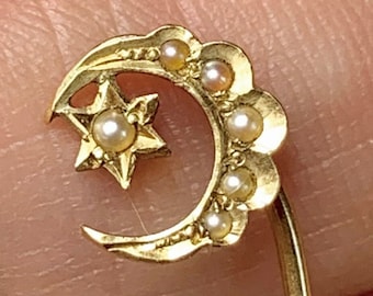 Antique 14k Gold Moon and Star Stick Pin, with Seed Pearls, Fine Jewelry