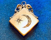 Antique crescent Moon and Star fob Locket. Gold gold fill and glass Diamond Paste pendant. Antique Gold jewelry. Pocket watch