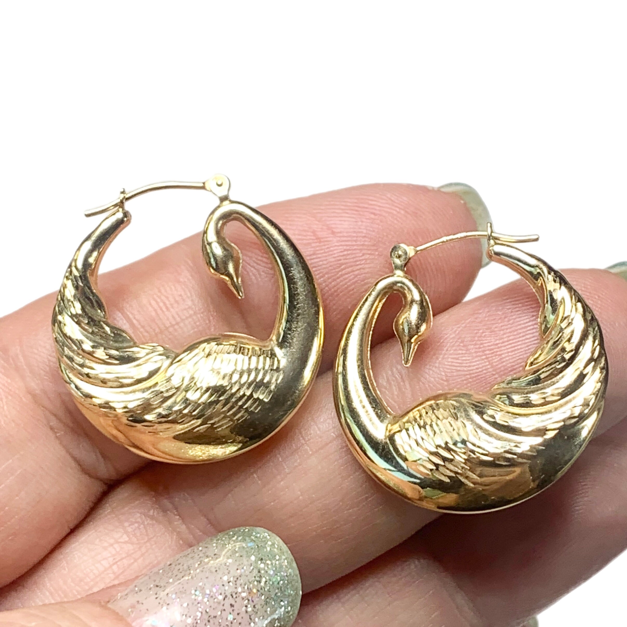 Vintage 14k Gold Swan Earrings, Puffy Hoops, Pierced, Fine