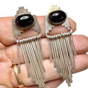 Vtg Sterling Silver + Onyx Dangle Earrings, Signed LS, NHMSS, Old Pawn