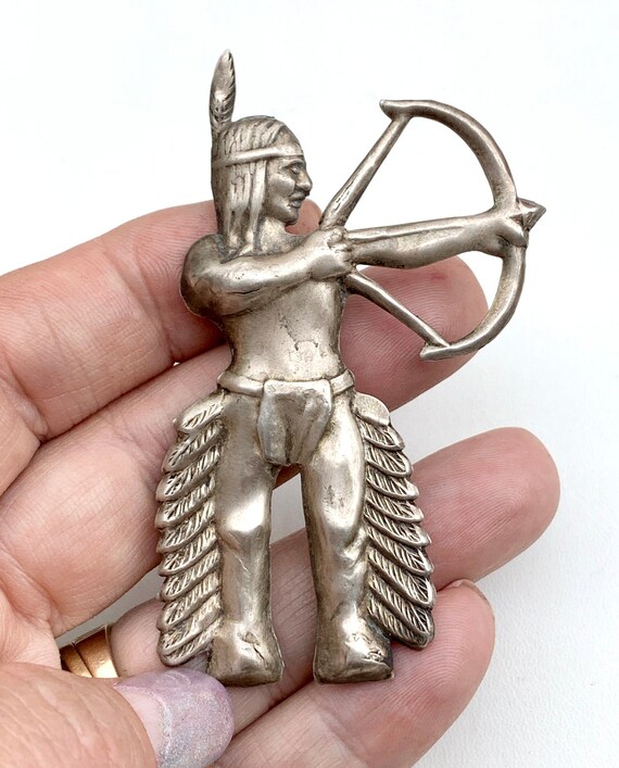 Sterling Indian Warrior Brooch, 1930-40s, Large St