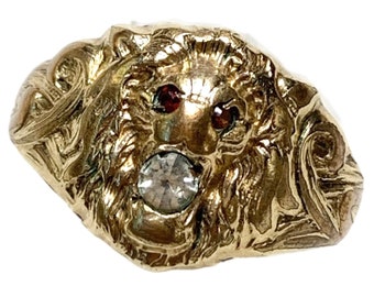 Victorian Lion Ring, 14k Gold Plate, Paste Stones, Raj, Size 10 1/2