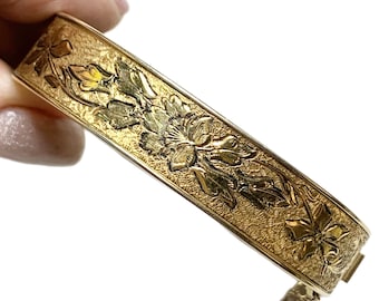 Antique 12K Gold Fill Clamper Bracelet, Engraved Bangle, FM Co