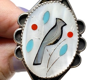 Zuni Cardinal Ring, Sterling, Mother of Pearl, Gemstones, Sz 7 1/2, Old Pawn