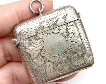 Victorian Match Safe Fob, Engraved Pendant, EPNS, Silver Plate Vesta