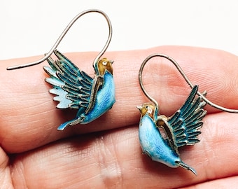 Vintage Sterling + Enamel Bluebird Earrings, Hollow