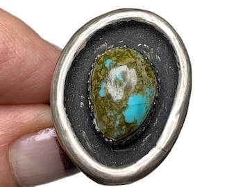 Old Pawn Sterling and Turquoise Shadowbox Ring, Sz 8