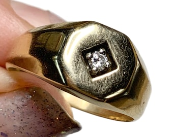 Art Deco 10k Gold Signet Ring with Diamond, Sz 9 3/4, Over 4 Grams