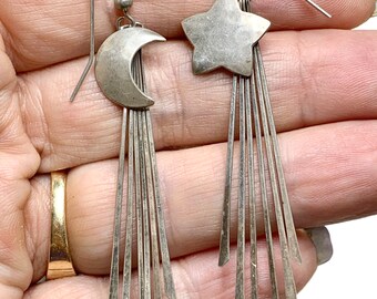 Vintage Sterling Silver Moon + Star Dangle Earrings, 3”