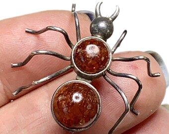 1950s Sterling and Amber Spider Brooch, Lapel or Hat Pin, Dead Pawn