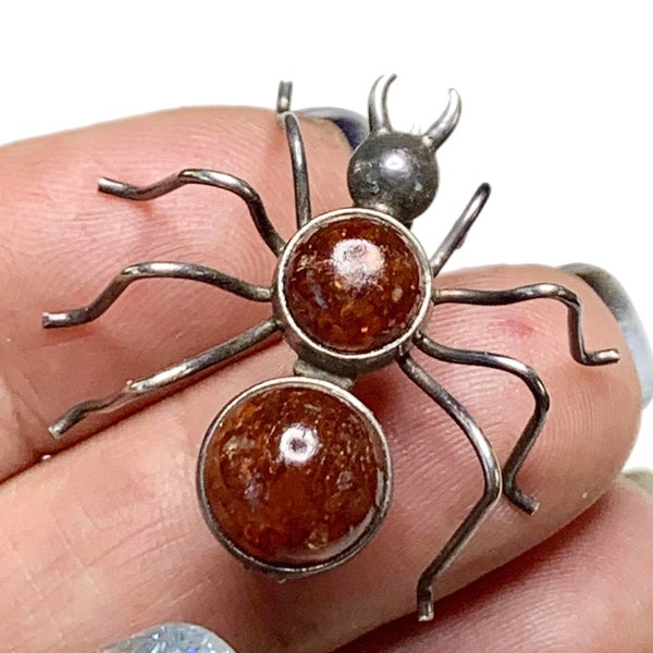 1950s Sterling and Amber Spider Brooch, Lapel or Hat Pin, Dead Pawn