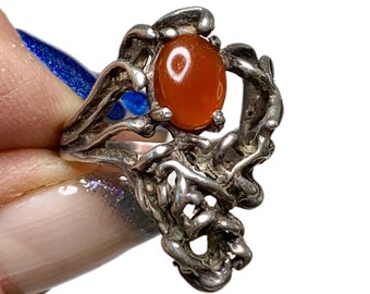 Vintage 1960s Brutalist Ring, Sterling Silver with Carnelian Cabochon