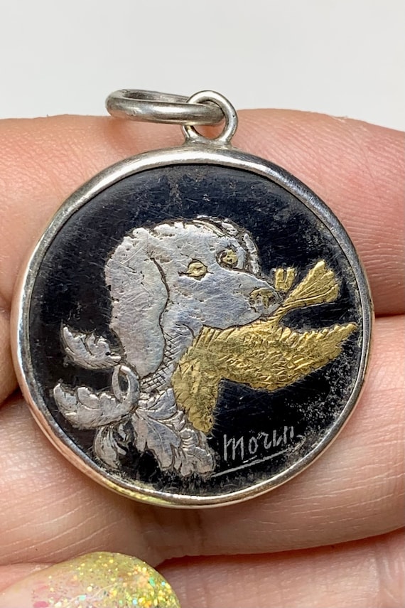 Antique Hunting Dog Fob, Sterling Silver, Engraved