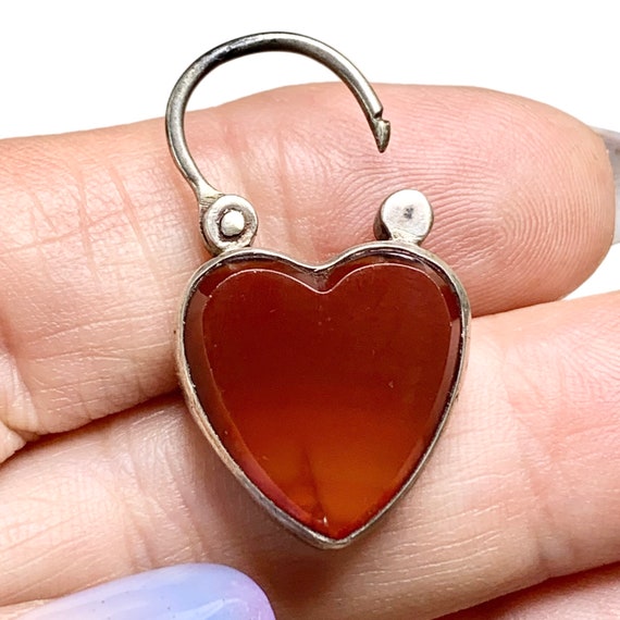 Antique Heart Padlock, Sterling Silver + Carnelia… - image 1