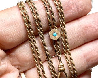 Gold Fill Chatelaine, Persian Turquoise Slider, Watch Chain Necklace, 52”